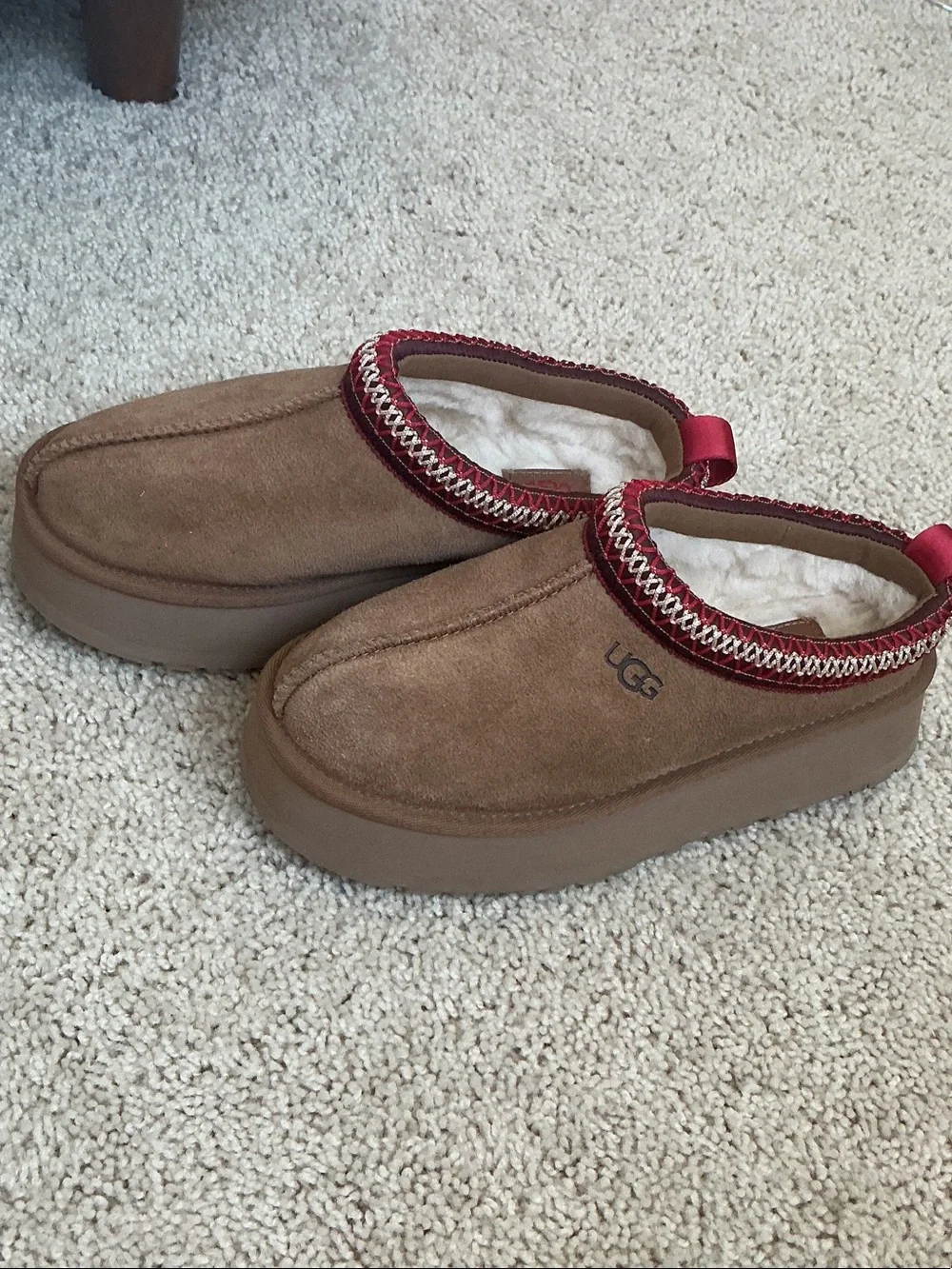 UGG Kids Tan Suede Slip-On Slippers with Red Trim